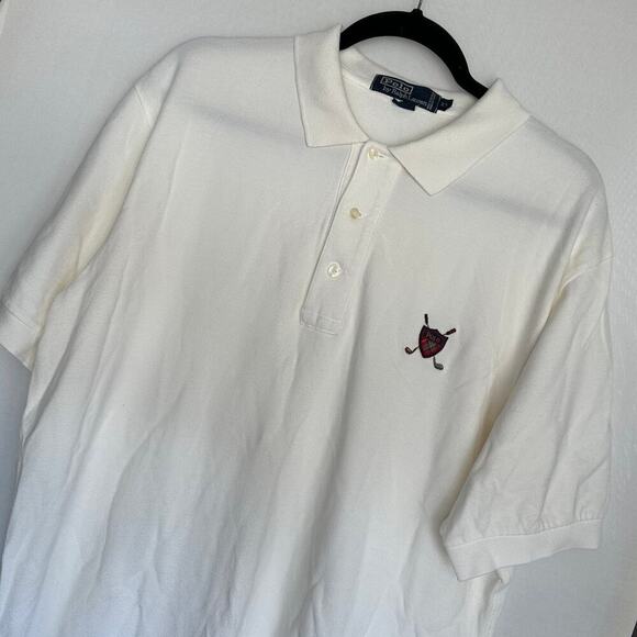 Polo Ralph Lauren Vintage 90s Golf Shirt XL White Embroidered Sheild Cross Clubs - Picture 1 of 8